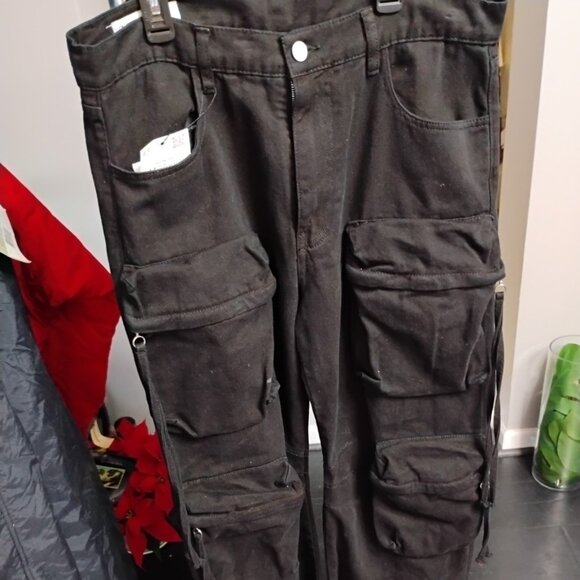 ZARA Women’s Black Cargo Jeans Relaxed Fit Utility Pants Size 34 - Picture 3 of 6